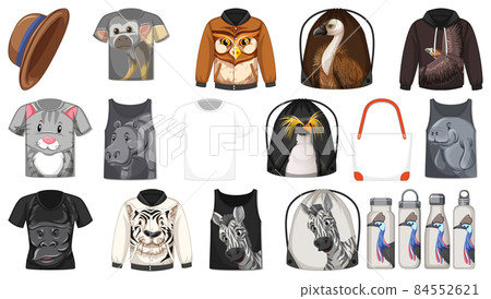 Set of different shirts and accessories with animal patterns Set of different shirts and accessories with animal patterns 84552621