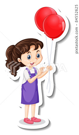 Cute girl holding balloons cartoon character sticker Cute girl holding balloons cartoon character sticker 84552625