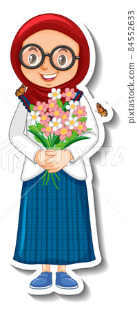 Muslim girl holding flower bouquet cartoon sticker Muslim girl holding flower bouquet cartoon sticker 84552633