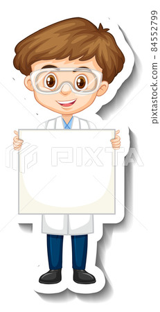 Scientist boy holding empty board in sticker style - Stock Illustration ...