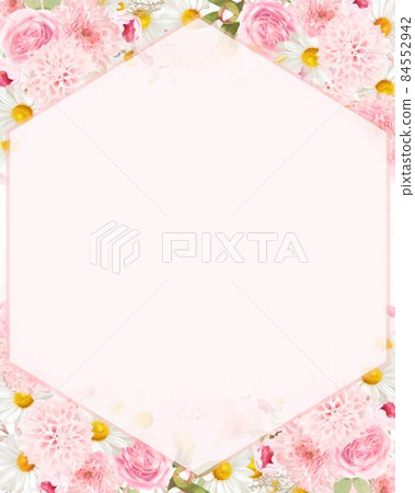 Fashionable invitation frame vector illustration material surrounded by elegant pink roses and daisies 84552942