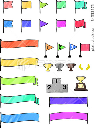 Vector illustration of a colorful flag drawn with a pen and a winning cup Vector illustration of a colorful flag drawn with a pen and a winning cup 84553373