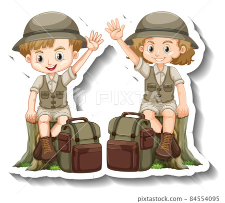 Couple kids wear safari outfit cartoon character sticker 84554095