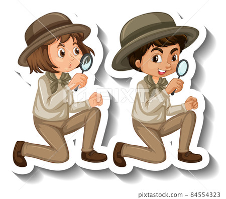 Couple kids wear safari outfit cartoon character sticker Couple kids wear safari outfit cartoon character sticker 84554323