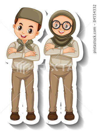 Couple muslim kids wear safari outfit cartoon... - Stock Illustration  [84554332] - PIXTA