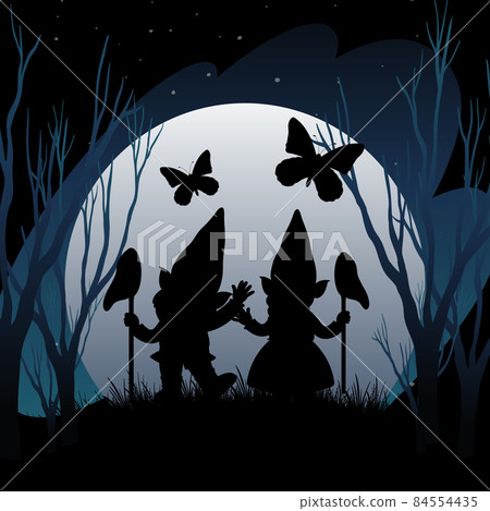 Silhouette gnomes with full moon background Silhouette gnomes with full moon background 84554435
