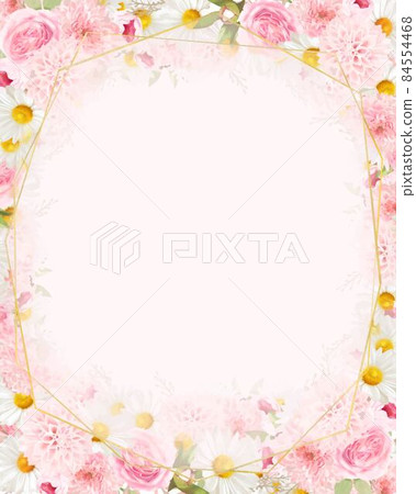 Elegant pink roses and daisies translucent frosted glass gold frame vector illustration material 84554468