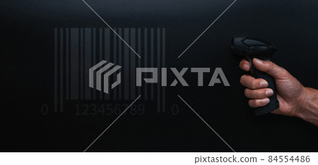 Bar code. Retail label barcode scan. Reader laser scanner for warehouse on black background. Product code data concept. 84554486