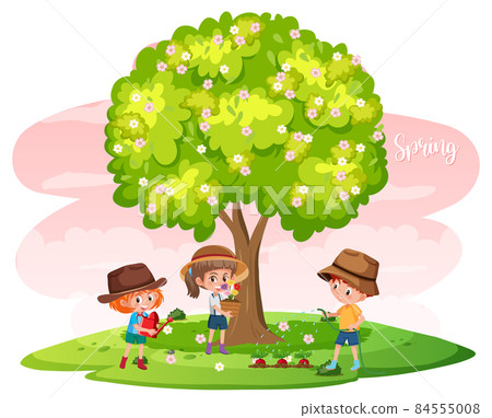 Isolated tree with flowers and children cartoon character Isolated tree with flowers and children cartoon character 84555008