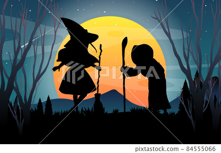 Halloween night background with witches silhouette Halloween night background with witches silhouette 84555066