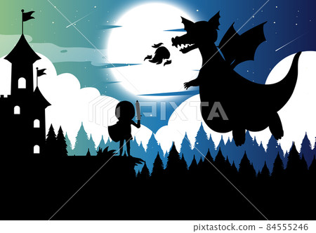 Silhouette knight and dragon with full moon background 84555246
