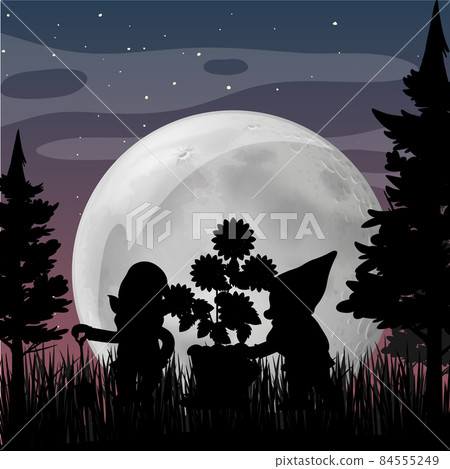 Silhouette gnomes with full moon background 84555249