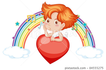 Cupid boy with melody symbols on rainbow Cupid boy with melody symbols on rainbow 84555275