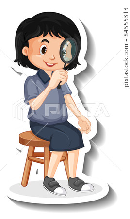 Cartoon girl looking through magnifying glass Cartoon girl looking through magnifying glass 84555313