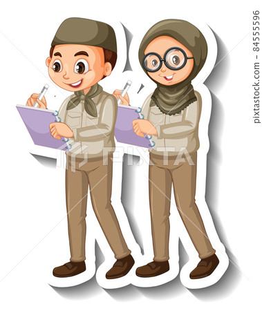 Couple muslim kids wear safari outfit cartoon... - Stock Illustration  [84555596] - PIXTA