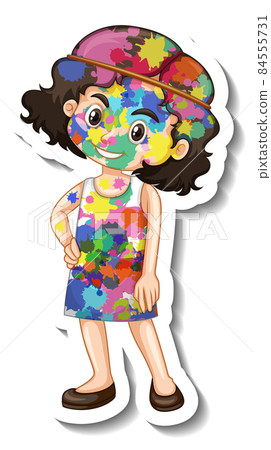 Happy girl with colour on her body sticker on white background 84555731