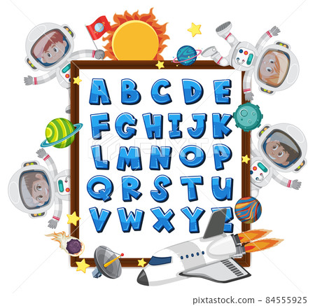 Alphabet A-Z and math symbols on a board with many kids in astronaut costumes 84555925