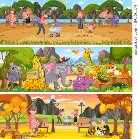 Different nature landscape at daytime scene with cartoon character 84556374