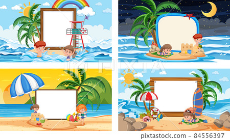 Set of different tropical beach scenes with blank banner 84556397
