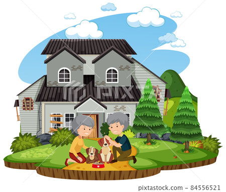 Elderly couple and thier dog in front of the house - Stock Illustration  [84556521] - PIXTA