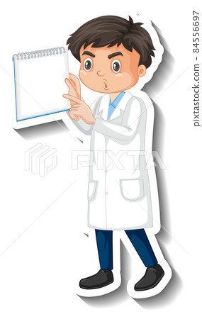 Scientist boy holding empty board cartoon character sticker Scientist boy holding empty board cartoon character sticker 84556697