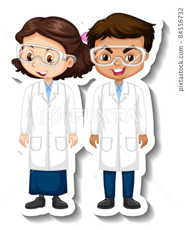 Cartoon character sticker with couple scientists in science gown Cartoon character sticker with couple scientists in science gown 84556732