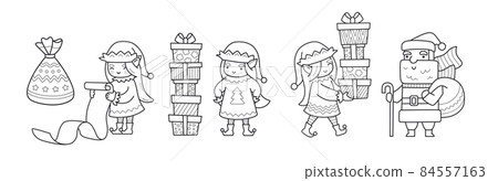 Christmas elves, Santa Claus, gifts. Christmas elves, Santa Claus, gifts. 84557163