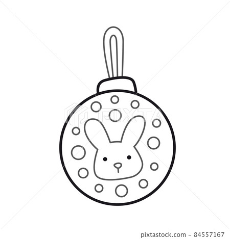 Christmas ball toy with cute bunny face. Holiday decoration. Outline illustration. Vector isolated emblem for logo, coloring book, tattoo, print. Christmas ball toy with cute bunny face. Holiday decoration. Outline illustration. Vector isolated emblem for logo, coloring book, tattoo, print. 84557167