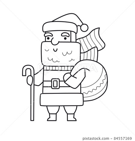 Santa Claus with bag of christmas presents and gifts. cartoon character. Funny cute outline illustration. Vector isolated emblem for logo, coloring book, tattoo, prin Santa Claus with bag of christmas presents and gifts. cartoon character. Funny cute outline illustration. Vector isolated emblem for logo, coloring book, tattoo, prin 84557169