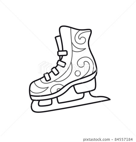 Figure skates with ornament, winter sports shoes. Ice skating equipment. Outline illustration. Vector isolated emblem for logo, coloring book, tattoo, print. Figure skates with ornament, winter sports shoes. Ice skating equipment. Outline illustration. Vector isolated emblem for logo, coloring book, tattoo, print. 84557184