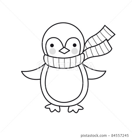 Kawaii penguin in striped scarf. Cute cartoon character. Funny cute outline illustration. Vector isolated emblem for logo, coloring book, tattoo, print. Kawaii penguin in striped scarf. Cute cartoon character. Funny cute outline illustration. Vector isolated emblem for logo, coloring book, tattoo, print. 84557245