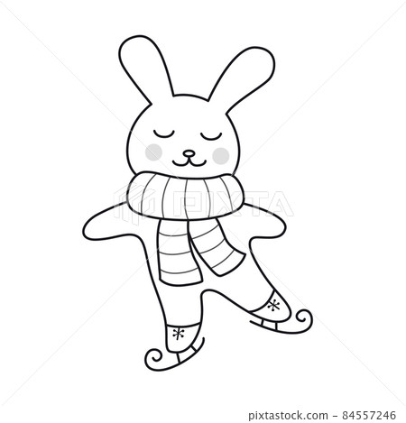 Ice skating rabbit in striped scarf. Cute cartoon bunny character. Funny outline illustration. Vector isolated emblem for logo, coloring book, tattoo, print. 84557246