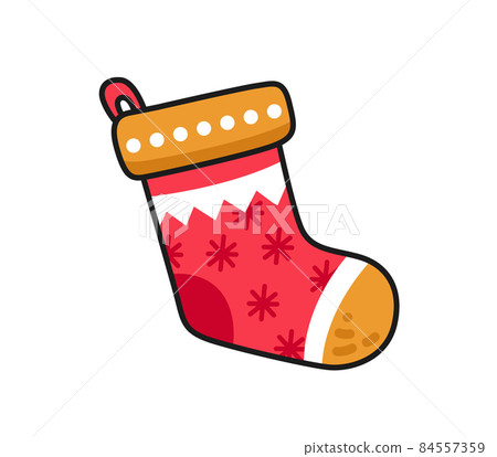 Red christmas sock for gifts. Holiday decoration, design element. Vector colored isolated illustration for pin, sticker, patch, badge, greeting card. Red christmas sock for gifts. Holiday decoration, design element. Vector colored isolated illustration for pin, sticker, patch, badge, greeting card. 84557359