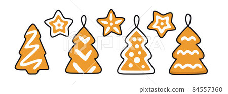 Gingerbread cookies, star and christmas tree. Holiday decoration, design element. Vector colored isolated illustration for pin, sticker, patch, badge, greeting card. Gingerbread cookies, star and christmas tree. Holiday decoration, design element. Vector colored isolated illustration for pin, sticker, patch, badge, greeting card. 84557360