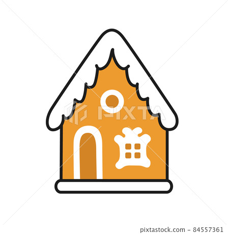 Gingerbread house. Holiday decoration, traditional christmas treat, design element. Vector colored isolated illustration for pin, sticker, patch, badge, greeting card. Gingerbread house. Holiday decoration, traditional christmas treat, design element. Vector colored isolated illustration for pin, sticker, patch, badge, greeting card. 84557361