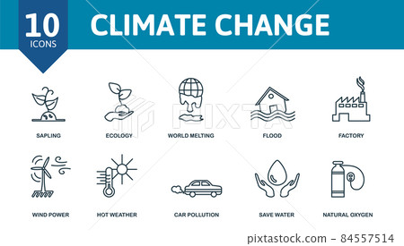 Climate Change icon set. Collection of simple elements such as the sapling, ecology, world melting, flood, save water, hot weather, natural oxygen. 84557514