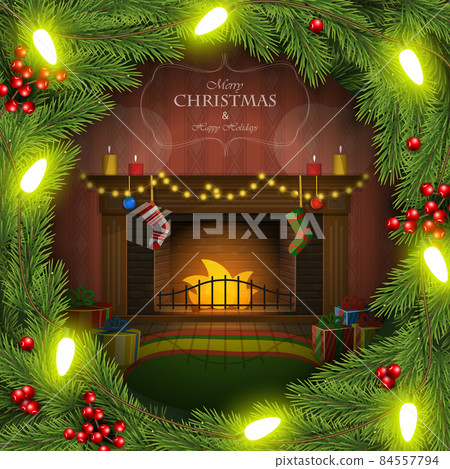 Vector Illustration of Christmas Wreath With Decorated Fireplace Inside Vector Illustration of Christmas Wreath With Decorated Fireplace Inside 84557794