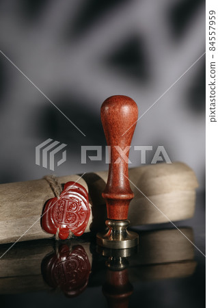 Last will theme. Document with wax seal and stamp in notary office 84557959