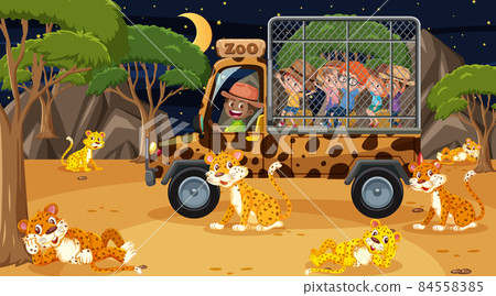 Safari at night scene with many kids watching leopard group Safari at night scene with many kids watching leopard group 84558385