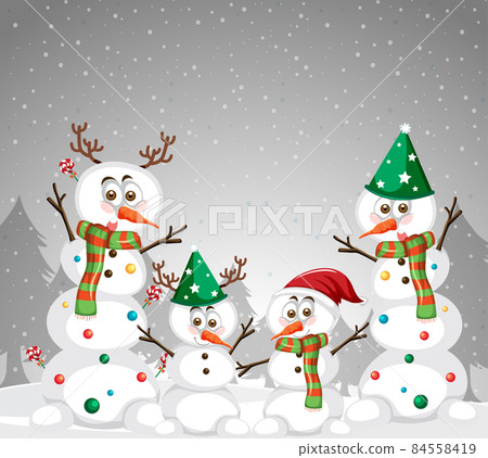 Snowman family on snow grey gradient background 84558419
