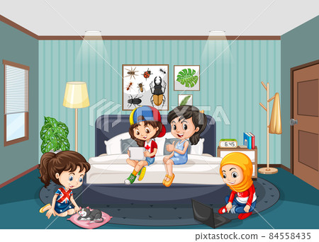 Interior of bedroom with children cartoon character Interior of bedroom with children cartoon character 84558435