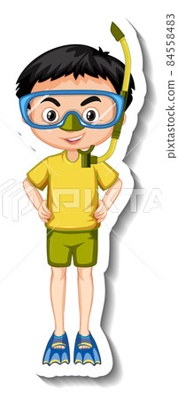 Boy wears snorkeling mask cartoon character sticker Boy wears snorkeling mask cartoon character sticker 84558483