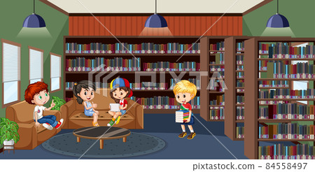 School library interior with children group School library interior with children group 84558497