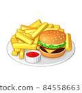 Hamburger and French fries 84558663