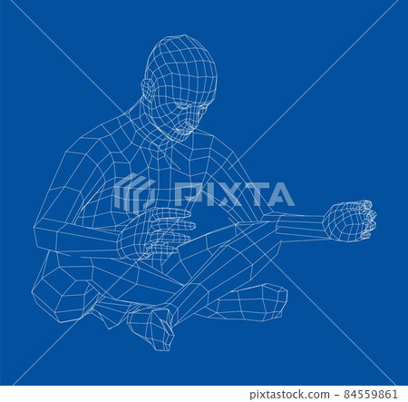 Wireframe man relaxing in lotus position. 3d illustration Wireframe man relaxing in lotus position. 3d illustration 84559861
