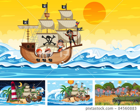 Set of different scenes with pirate ship at the sea and animals in the zoo Set of different scenes with pirate ship at the sea and animals in the zoo 84560883