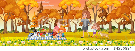 Autumn park horizontal landscape scene with many people Autumn park horizontal landscape scene with many people 84560884