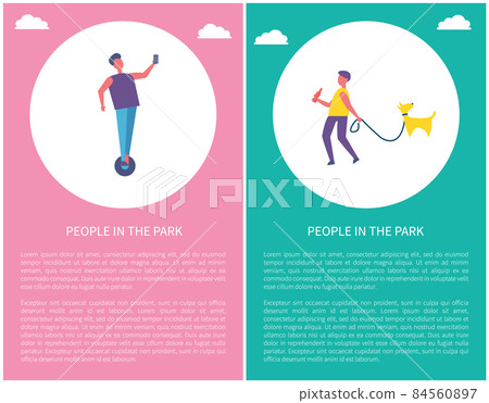 Man Walking with Dog in Park, Guy Riding on Segway Man Walking with Dog in Park, Guy Riding on Segway 84560897