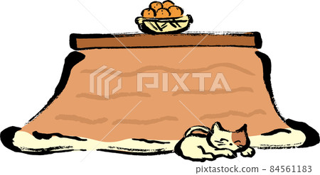 Hand-drawn illustrations of retro kotatsu, oranges and cats 84561183