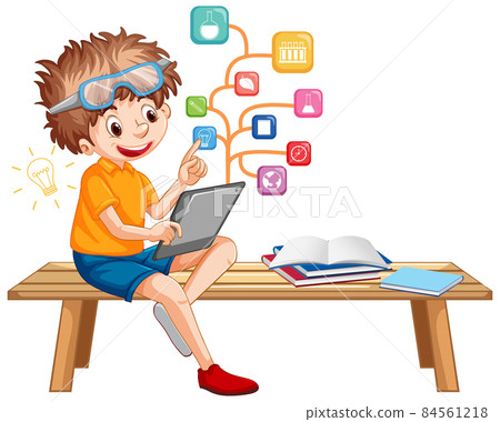 Young boy using tablet with education icons 84561218